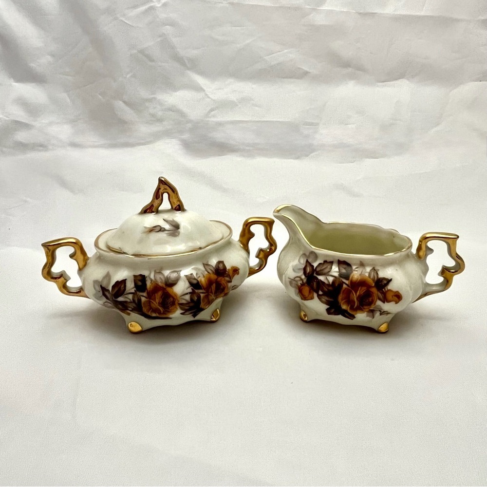 Royal Sealy Sugar Bowl w/ Lid & Creamer, Brown Orange Floral Pattern, VTG EUC
